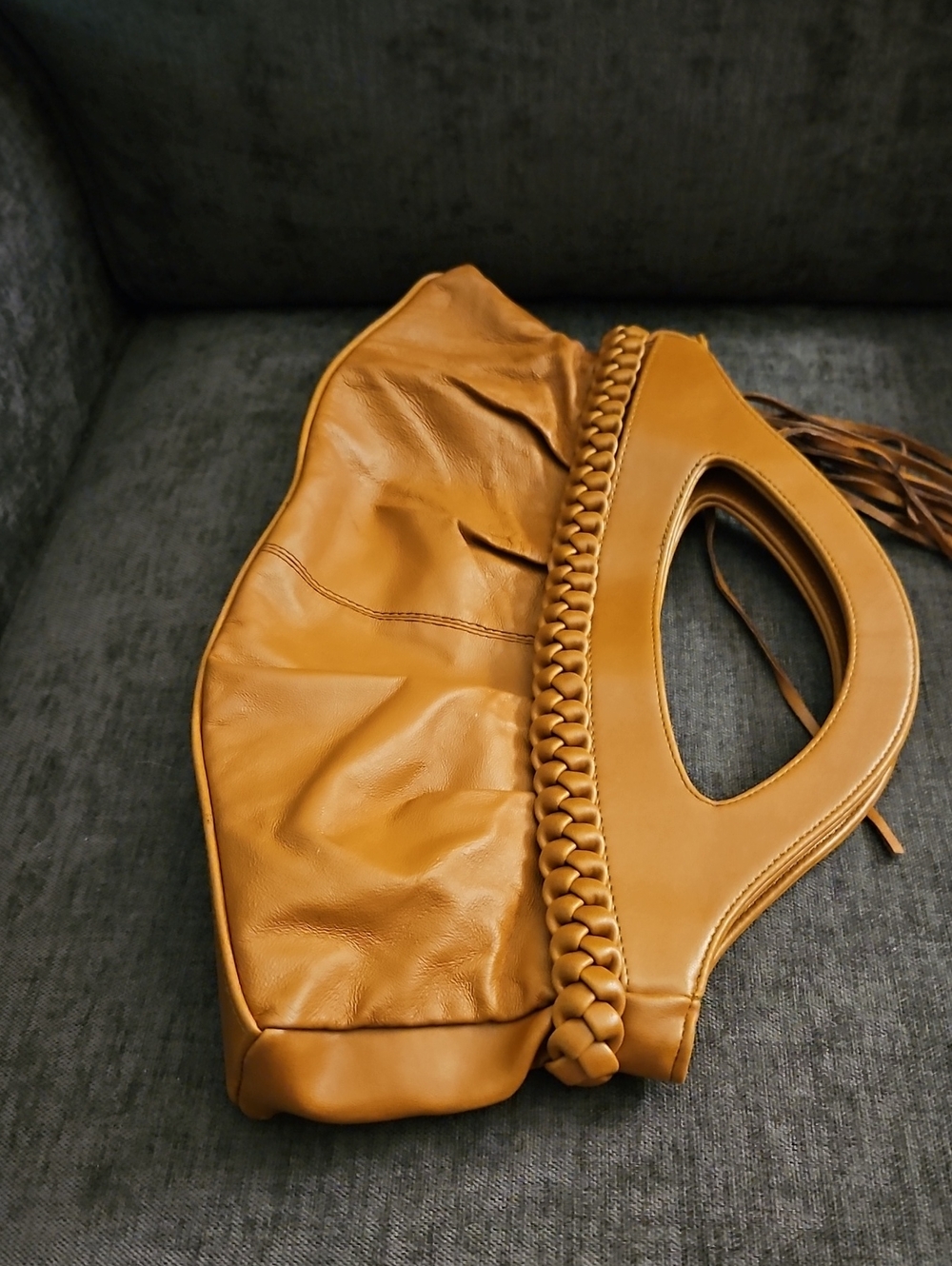 Vtg NEWPORT NEWS 1994 Light Brown Braided Fringe Leather Clutch Bag - Picture 6 of 9
